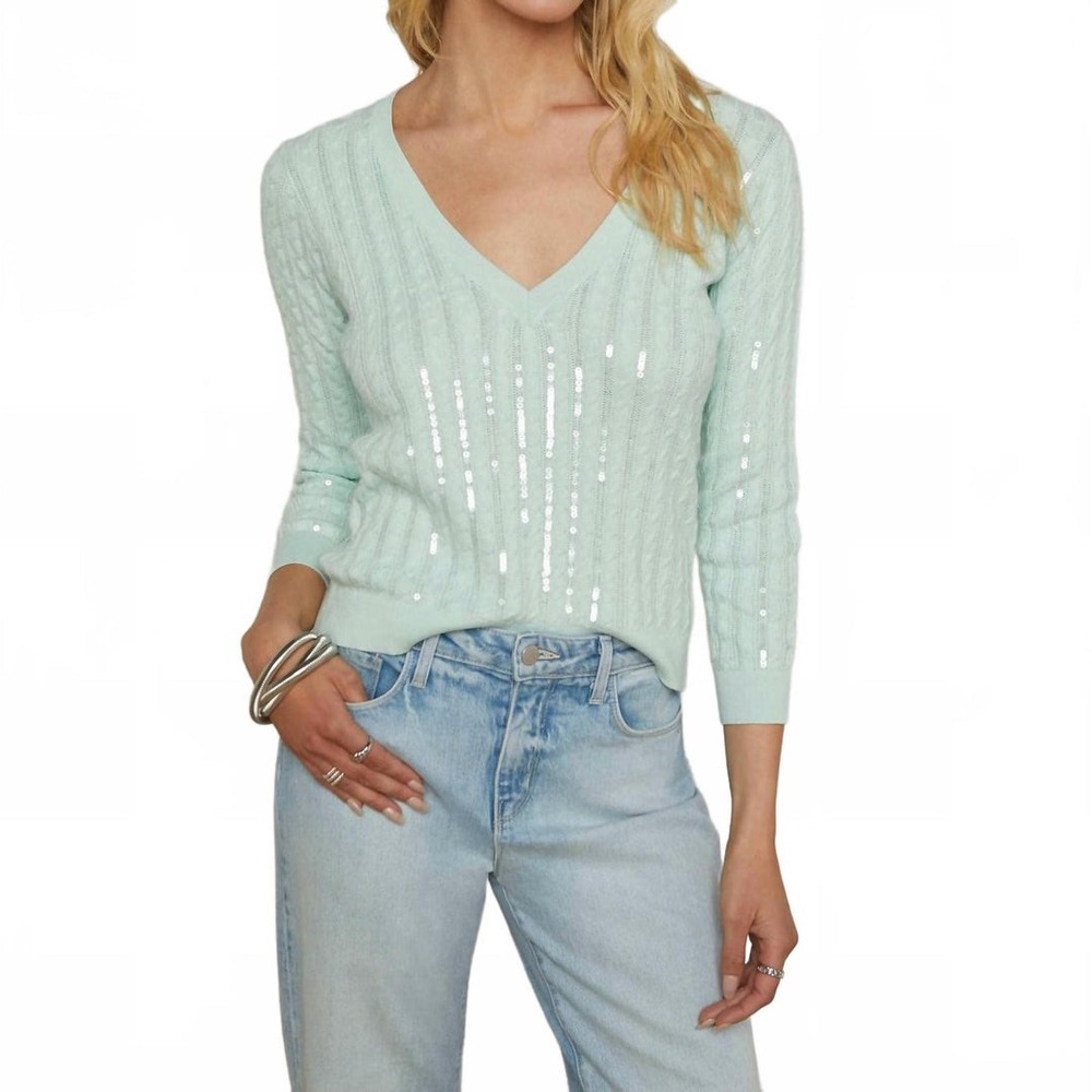 L'Agence Trinity Sequin Cabled Pullover Sweater Women XS Pale Jade Green Preppy